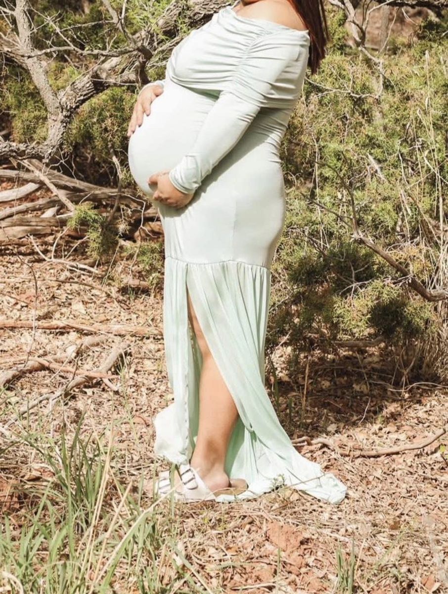 Maternity Off-Shoulder Ruched Long Sleeve Slit Maxi Dress