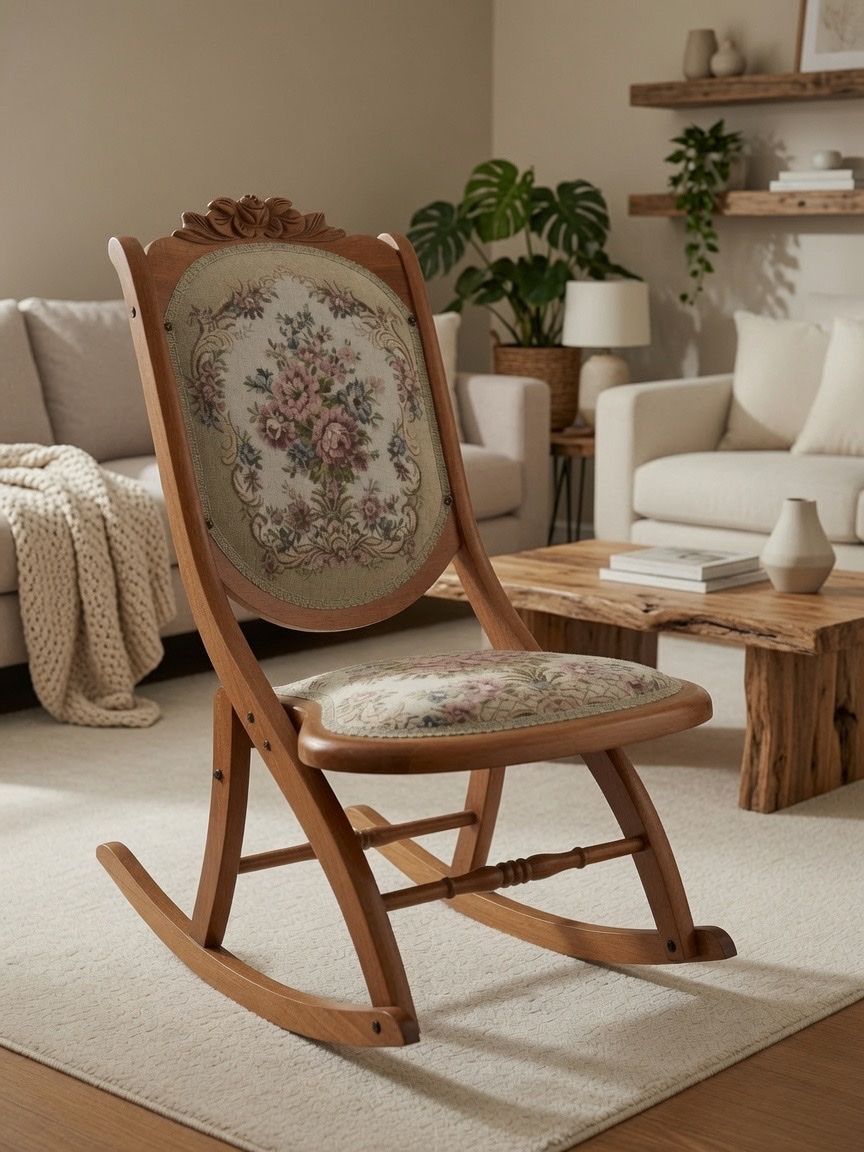 Vintage Folding Rocking Chair with Floral Upholstery - Wood Frame, Carved Details