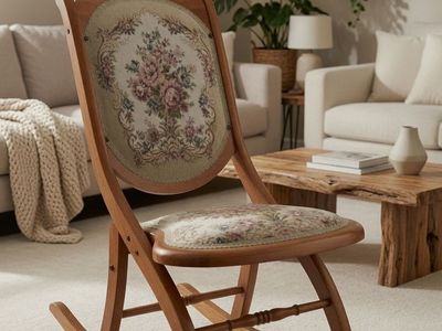 Vintage Folding Rocking Chair with Floral Upholstery - Wood Frame, Carved Details
