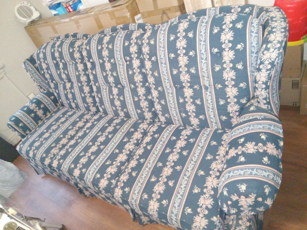 Vintage Floral Striped Sofa / Couch - Blue and White Fabric Upholstery