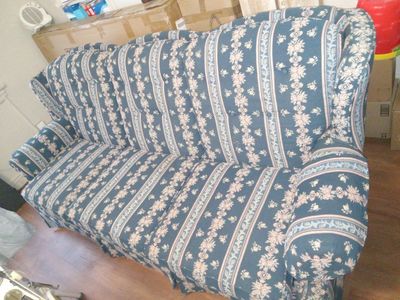 Vintage Floral Striped Sofa / Couch - Blue and White Fabric Upholstery