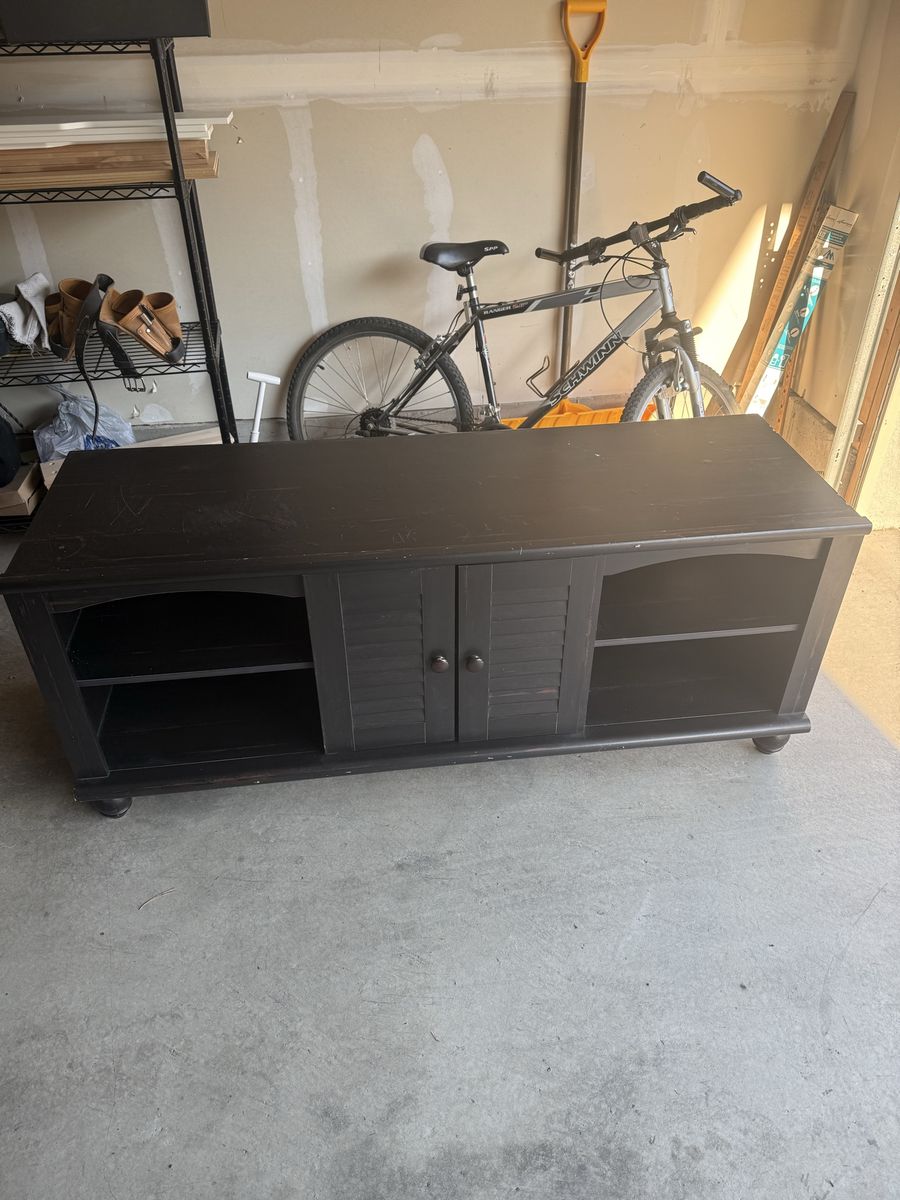 Dark Brown Wood TV Stand Console with Open Shelving and Center Cabinet