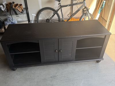 Dark Brown Wood TV Stand Console with Open Shelving and Center Cabinet