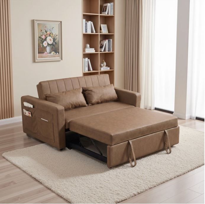 NEW! 3 in 1 Convertible Sleeper Sofa Bed w/Side Pocket – Brown Faux Leather