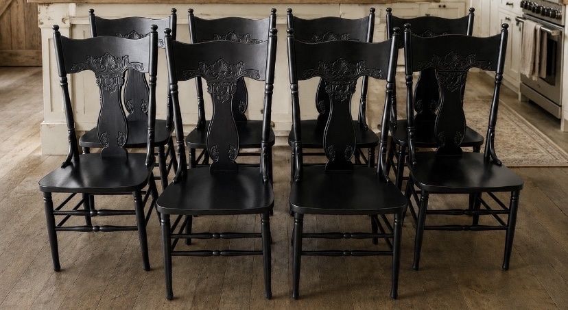 High-End Vintage Black "Rose Back" Solid Oak Dining Chairs (Set of 8)