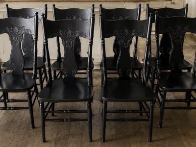 High-End Vintage Black "Rose Back" Solid Oak Dining Chairs (Set of 8)