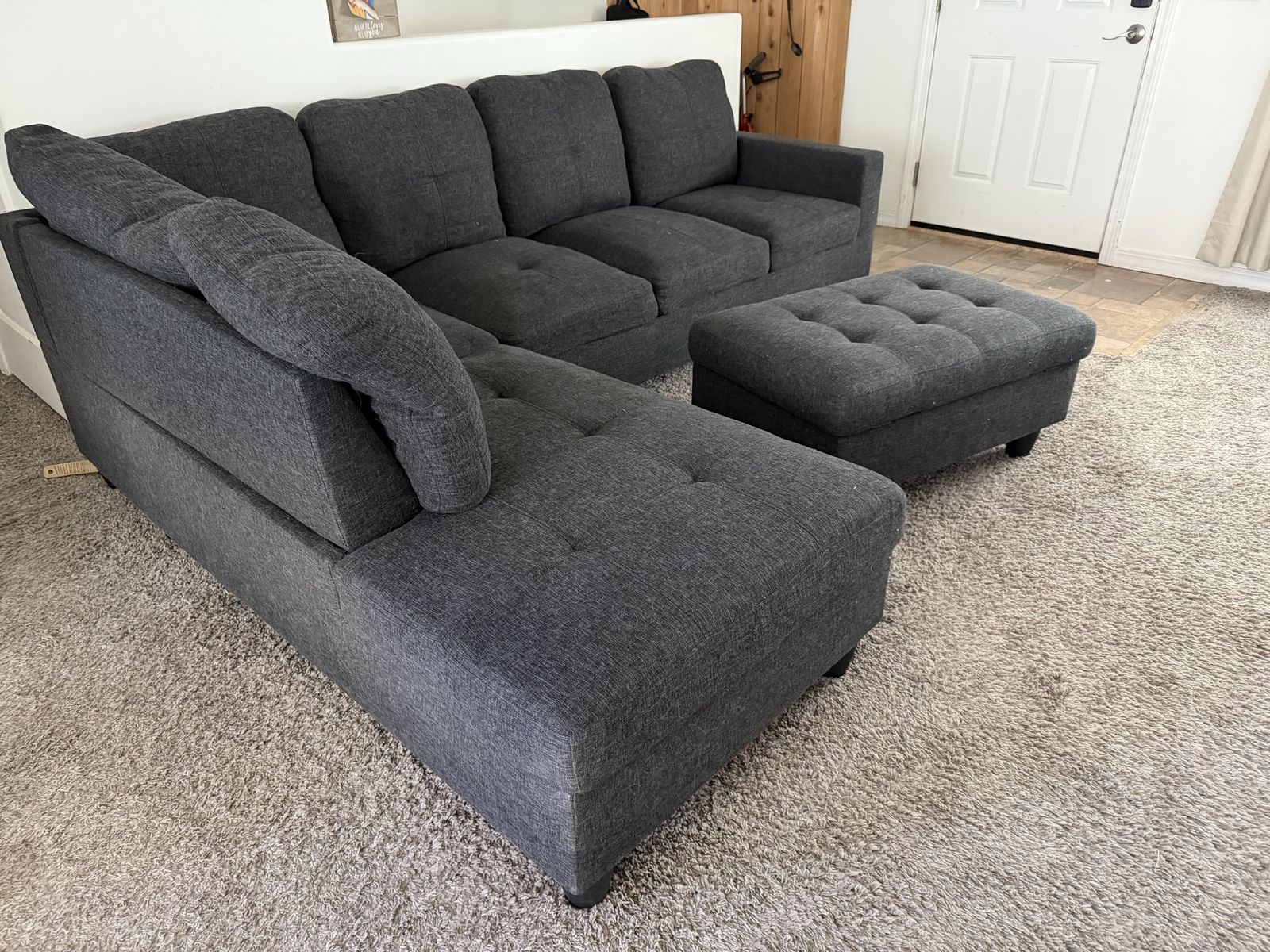 Dark Gray Fabric L-Shaped Sectional Sofa with Matching Ottoman
