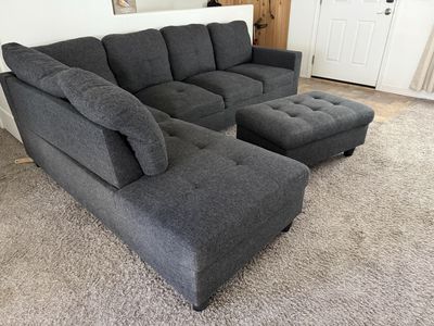 Dark Gray Fabric L-Shaped Sectional Sofa with Matching Ottoman