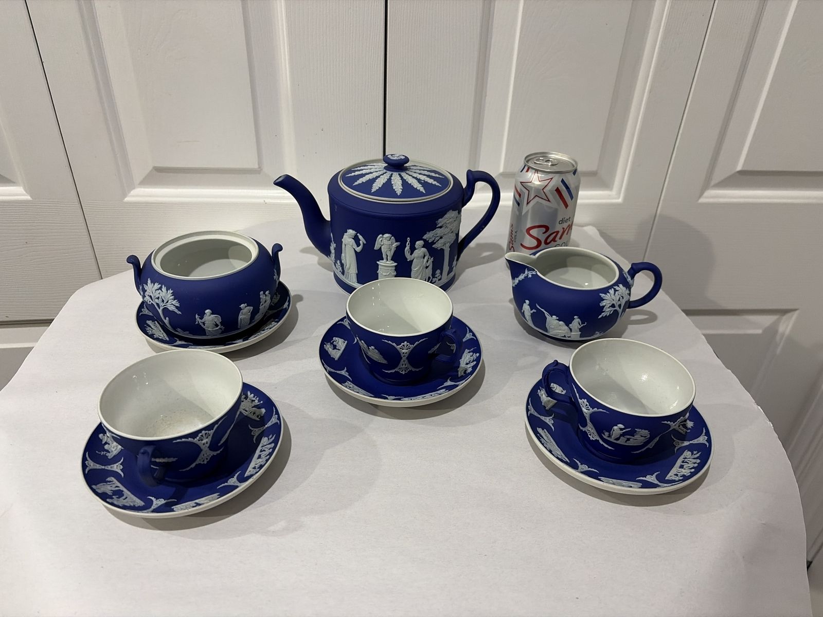 Vintage Wedgwood Blue Jasperware Teapot Set - Teapot, Creamer, Sugar, 3 Cups & Saucers, Mythological Scene