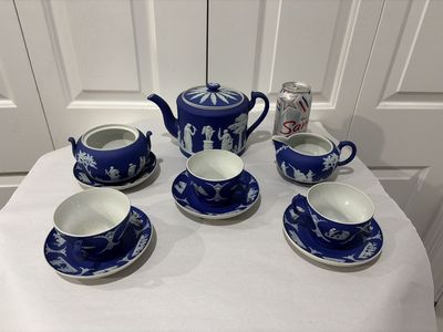 Vintage Wedgwood Blue Jasperware Teapot Set - Teapot, Creamer, Sugar, 3 Cups & Saucers, Mythological Scene