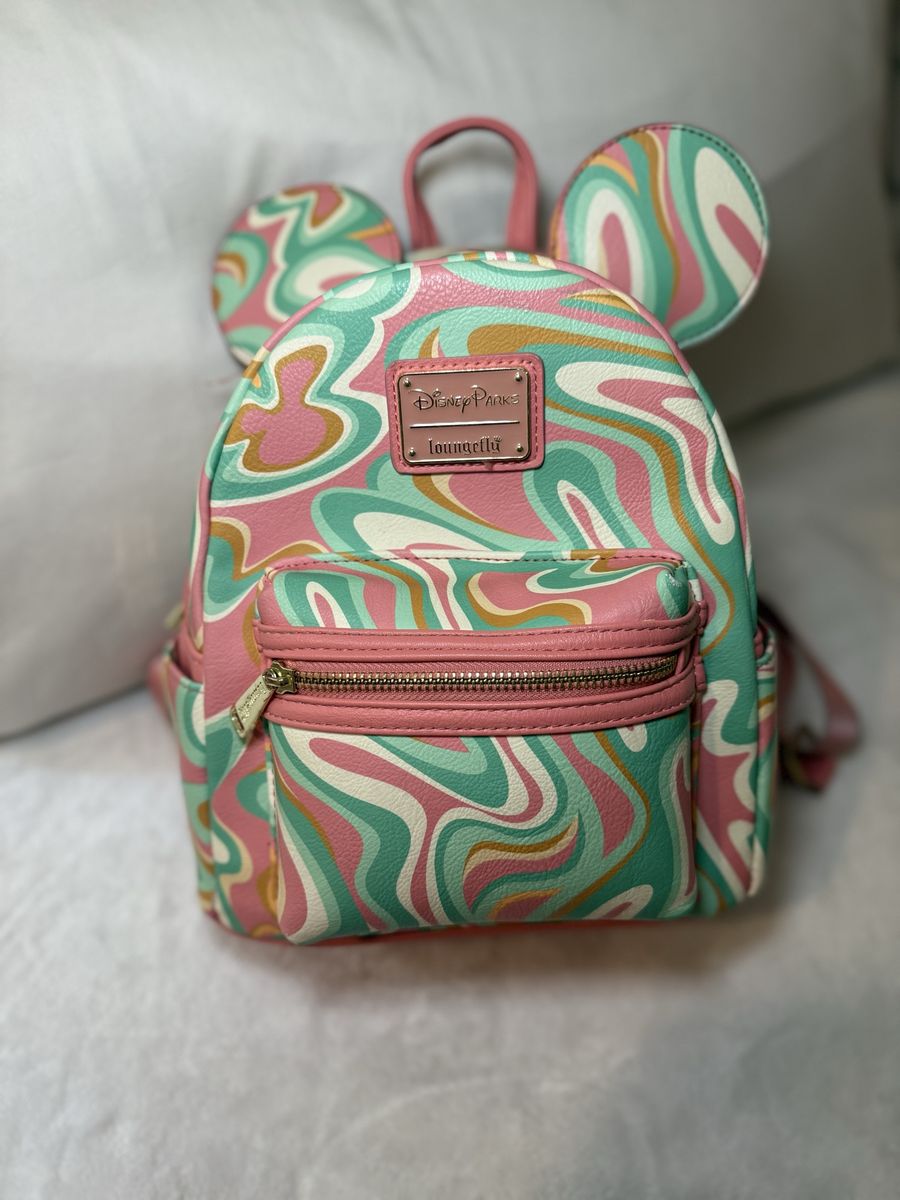 Disney Parks Loungefly Mickey Mouse Swirl Mini Backpack Pink Green Cream