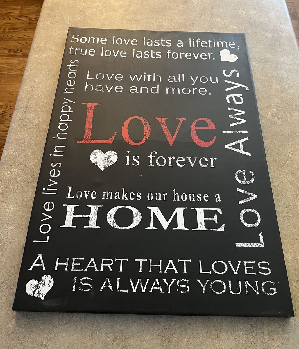 Large Black & White "Love is Forever" Inspirational Quote Canvas Wall Art Decor