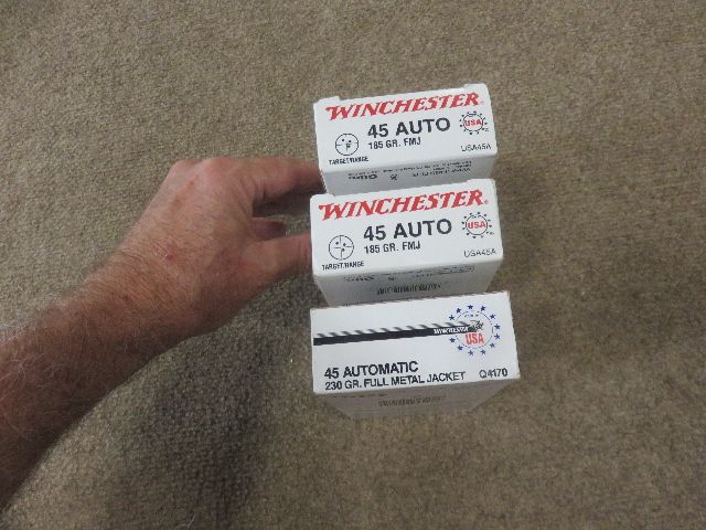 THREE FACTORY BOXES OF WINCHESTER .45 AMM0 - 2 BOXES ARE 185 GRAIN BULLETS AND 3RD BOX IS 230 GRAIN