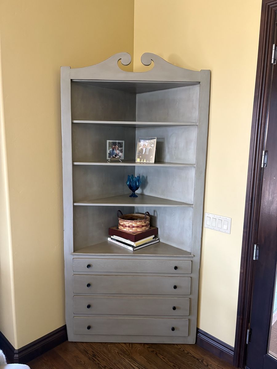 Vintage (1949-50) Pine Gray Painted Wooden Corner Hutch with Shelves & 4 Drawers