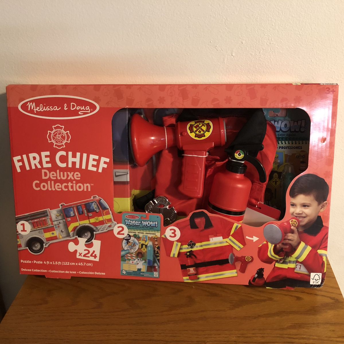 Melissa & Doug Fire Chief Deluxe Collection Set - Costume, Puzzle & Water Wow Activity -Easter Idea