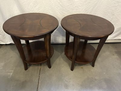 Set of 2 Round Dark Wood End Tables with Decorative Inlay Top & Lower Shelf