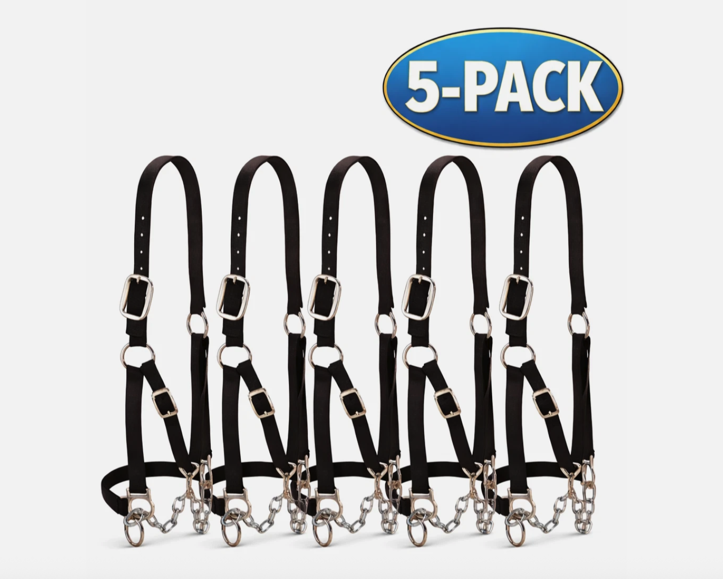 5-Pack Weaver Livestock Heavy Duty Black Halter Medium w/ Chain Lead Adjustable