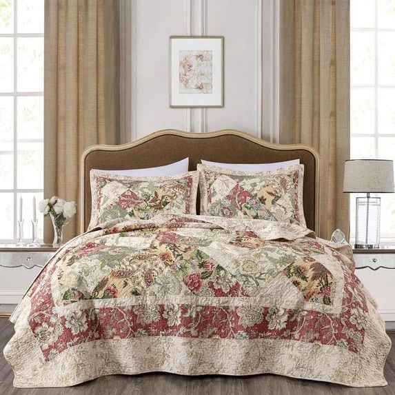 Floral Patchwork Quilt throw King Size, Reversible Quilted Bedspread with Multi-color