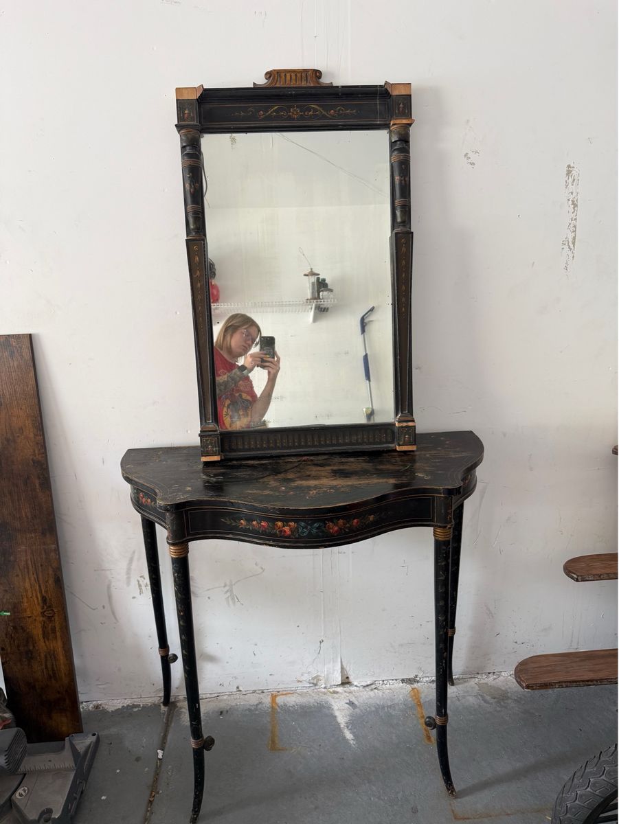 Antique Victorian Ebonized Hall Console & Matching Mirror c. 1885–1895 – Original Hand-Painted