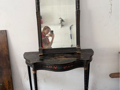 Antique Victorian Ebonized Hall Console & Matching Mirror c. 1885–1895 – Original Hand-Painted