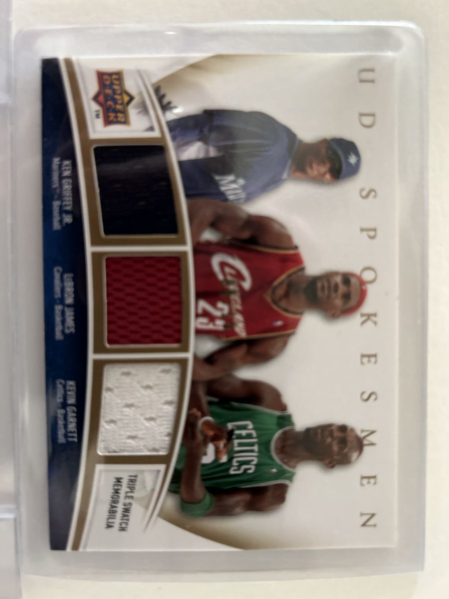Upper Deck Spokesmen Triple Swatch Memorabilia Ken Griffey Jr LeBron James Kevin Garnett 08/15 made. I added Autographed cards. 