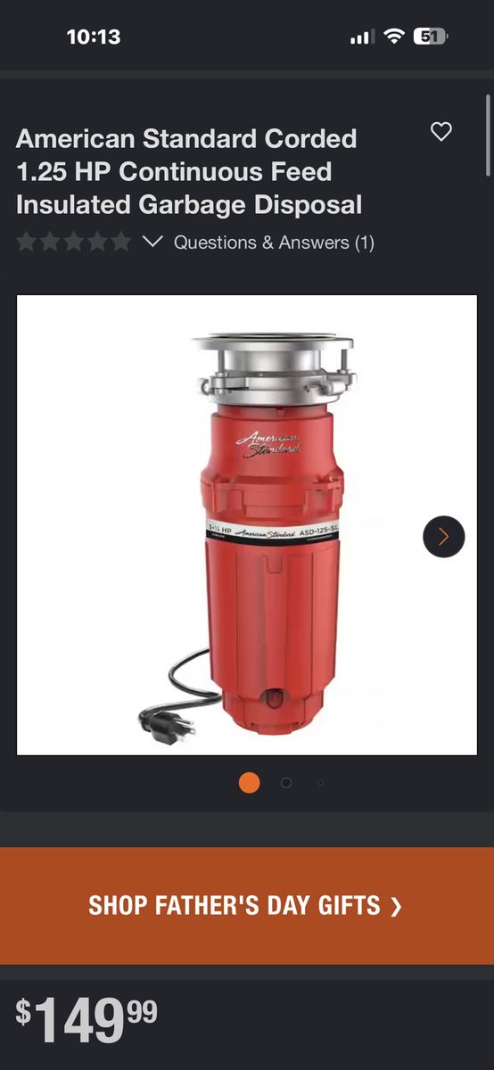 American Standard Slim-Line 1.25 HP Continuous Feed Insulated Garbage Disposal