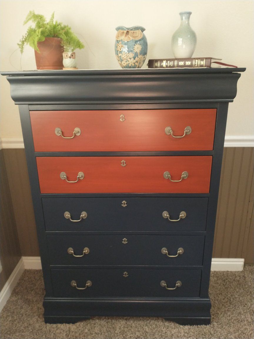 Six drawer Navy Blue and Cherry finish tall dresser