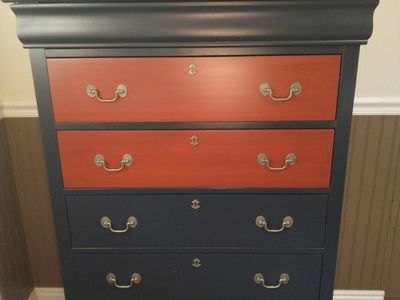 Six drawer Navy Blue and Cherry finish tall dresser