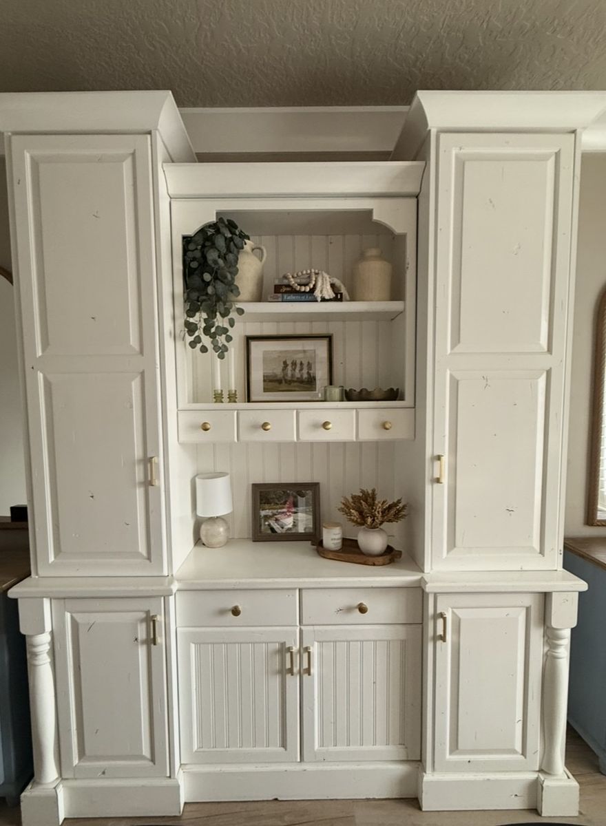 Large White Distressed Entertainment Center and Storage Hutch with Gold Hardware