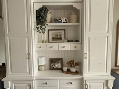 Large White Distressed Entertainment Center and Storage Hutch with Gold Hardware