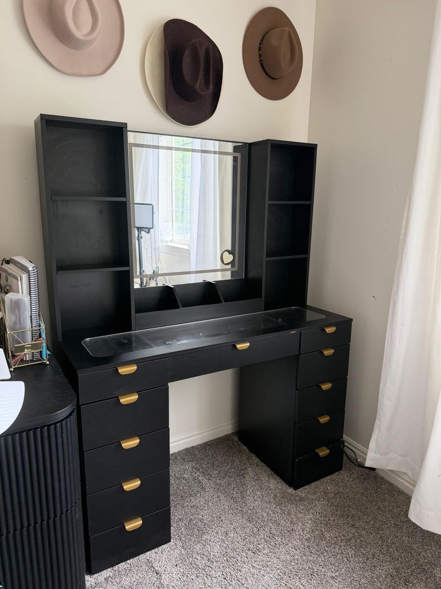 Modern Black Vanity Desk with Lighted Mirror, Shelves & Drawers