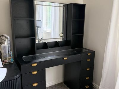 Modern Black Vanity Desk with Lighted Mirror, Shelves & Drawers