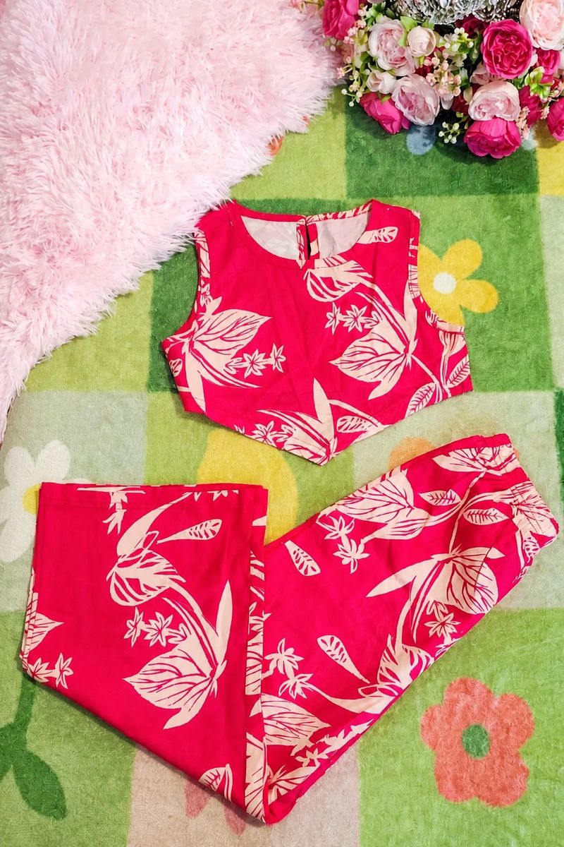 Girls 2-Piece Tropical Floral Crop Top and Wide Leg Pants Set Red Size 4-5 Years