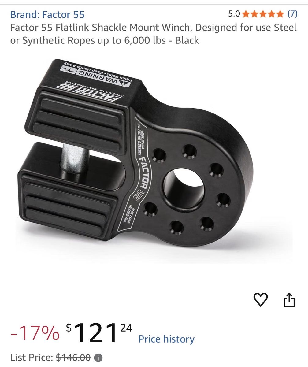 Factor 55 FlatLink Shackle Mount Winch Shackle - Black 16,000 lbs WLL