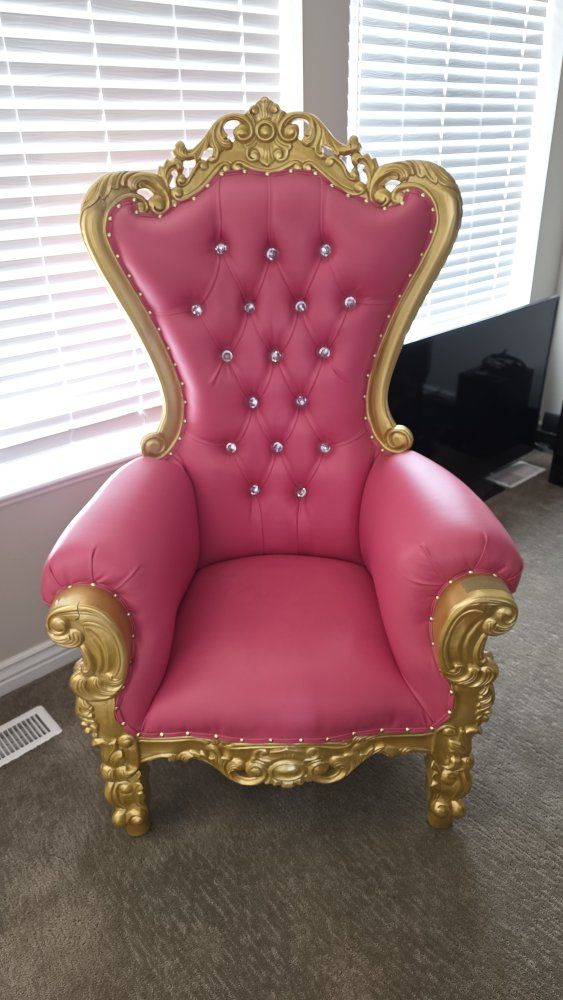 Luxurious Pink & Gold Tufted Throne Chair with Rhinestone Accents