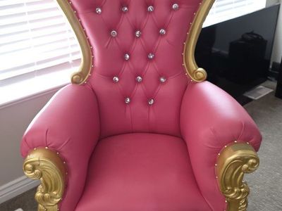 Luxurious Pink & Gold Tufted Throne Chair with Rhinestone Accents