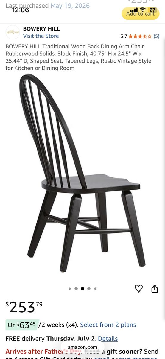 BOWERY HILL Traditional Wood Back Dining Arm Chair, Black, 40.75" H, New in Box