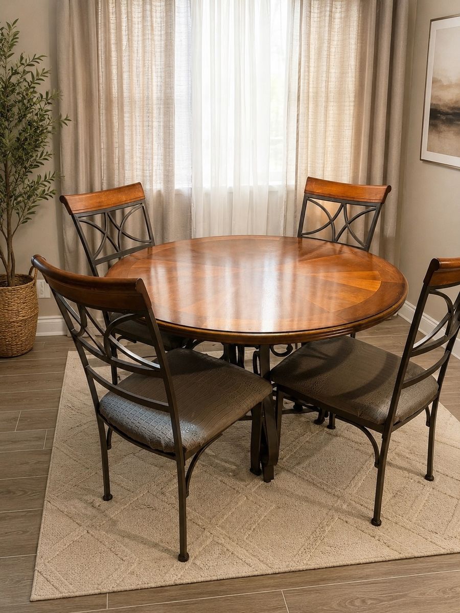 Round Wood Dining Table with 4 Metal Chairs - Elegant & Sturdy Set
