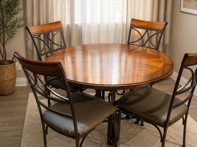 Round Wood Dining Table with 4 Metal Chairs - Elegant & Sturdy Set