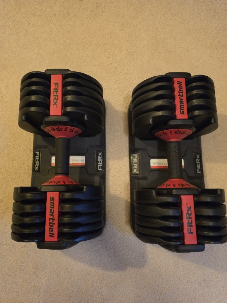 Pair of FitRx Smartbell Adjustable Dumbbells - 5 to 52.5 lbs Each - Space-Saving Home Gym Weights
