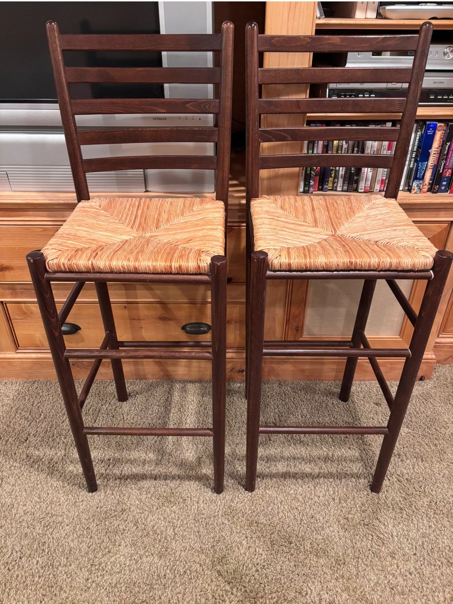 Pair Of Ladderback Italian Bar Stools With Rush Seats