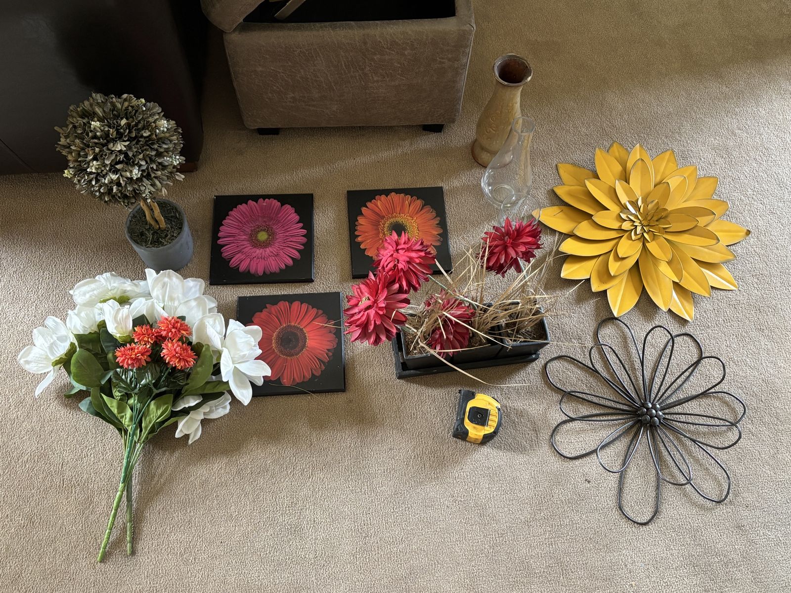 Floral Decor Lot: Artificial Flowers, Wall Art, Vases, Planter, and Metal Wall Decor