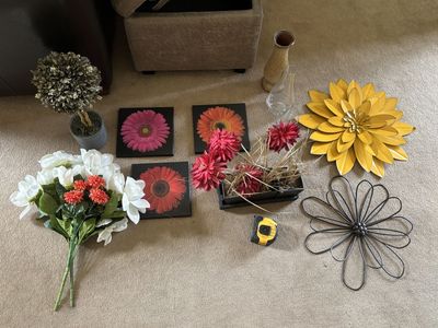 Floral Decor Lot: Artificial Flowers, Wall Art, Vases, Planter, and Metal Wall Decor