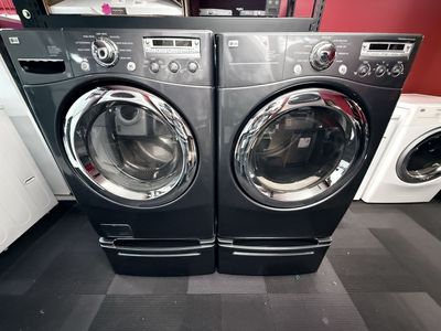 Dark Grey Ultra Capacity, Lg Gas Washer & Dryer Set On Pedestals!