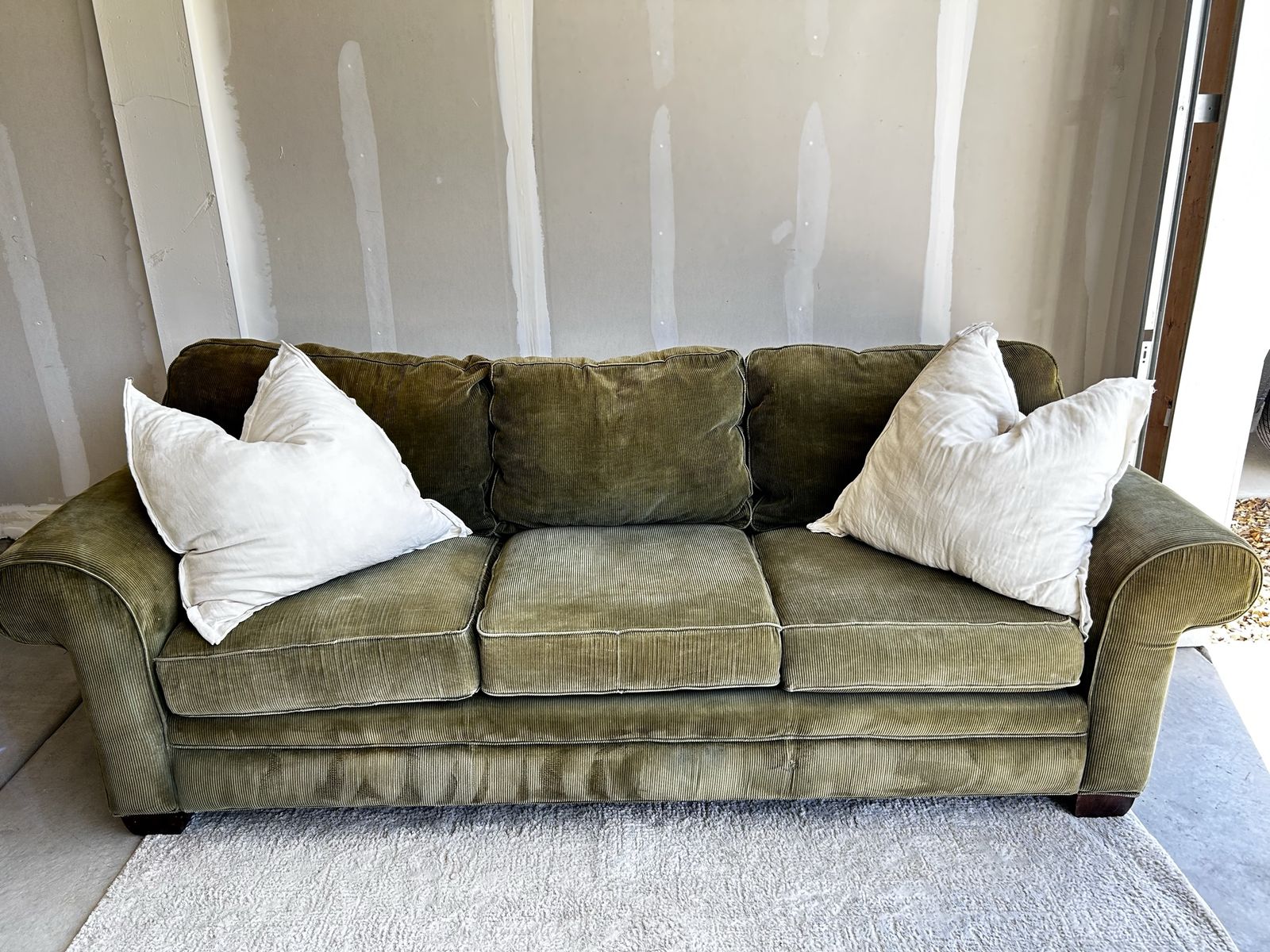 Olive Green Corduroy 3-Cushion Sofa with Rolled Arms