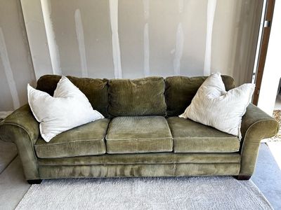 Olive Green Corduroy 3-Cushion Sofa with Rolled Arms