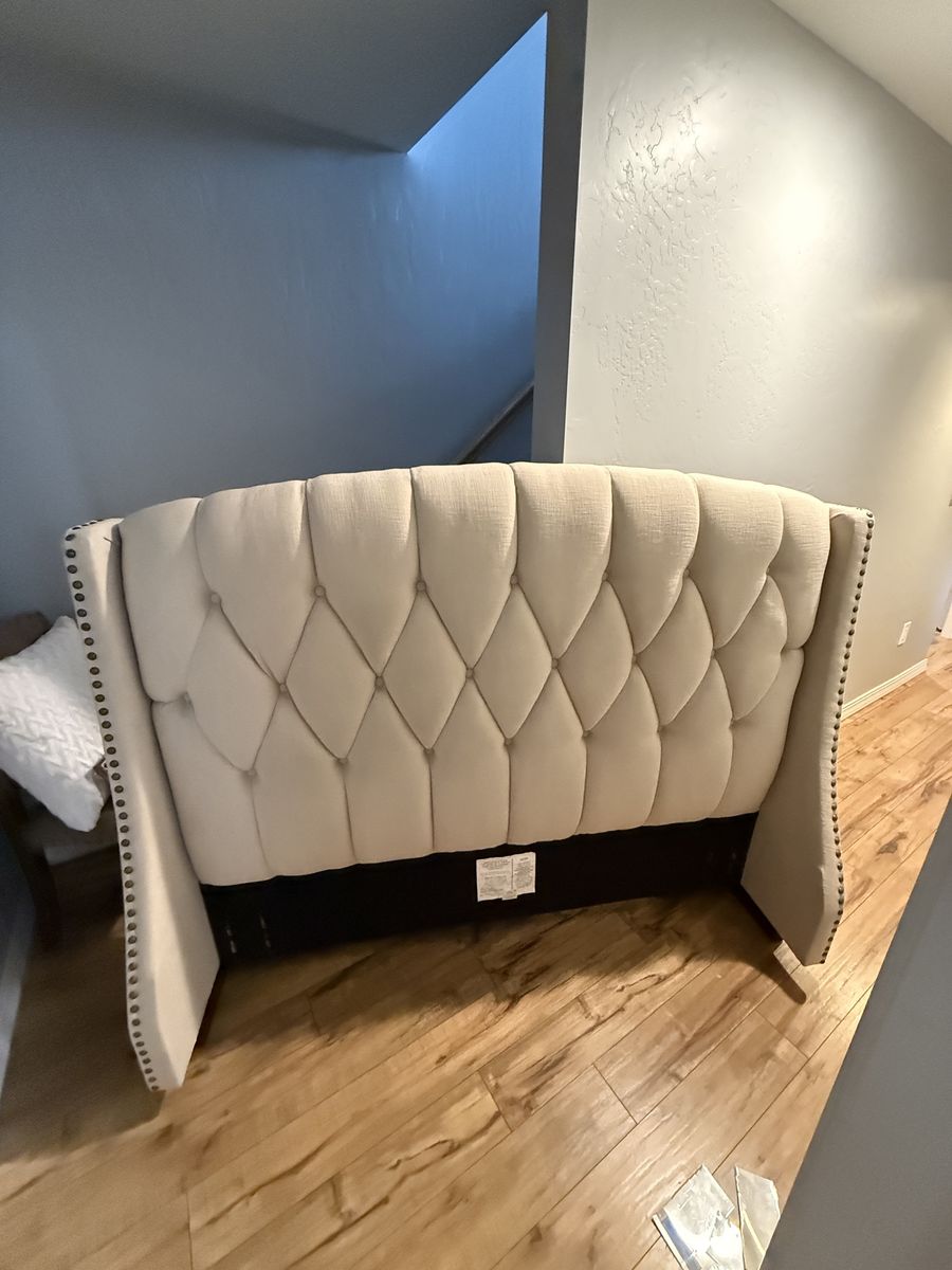 Upholstered Tufted Wingback Queen Headboard in Beige with Nailhead Trim & Metal Bed Frame