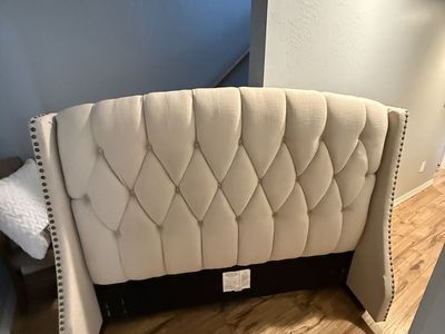 Upholstered Tufted Wingback Queen Headboard in Beige with Nailhead Trim & Metal Bed Frame