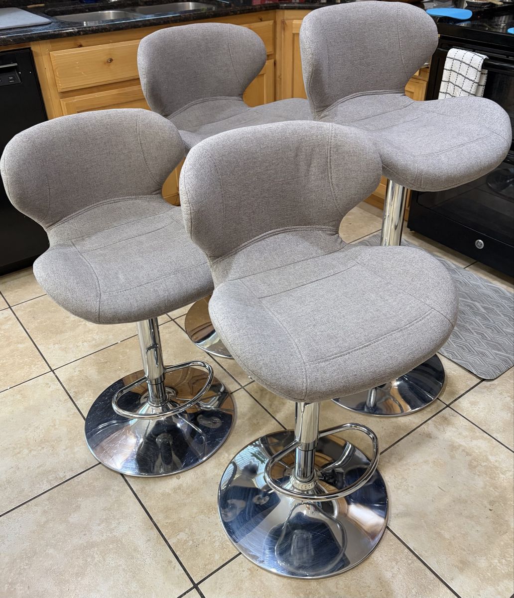 Set of 4 Modern Grey Fabric Swivel Bar Stools with Chrome Base