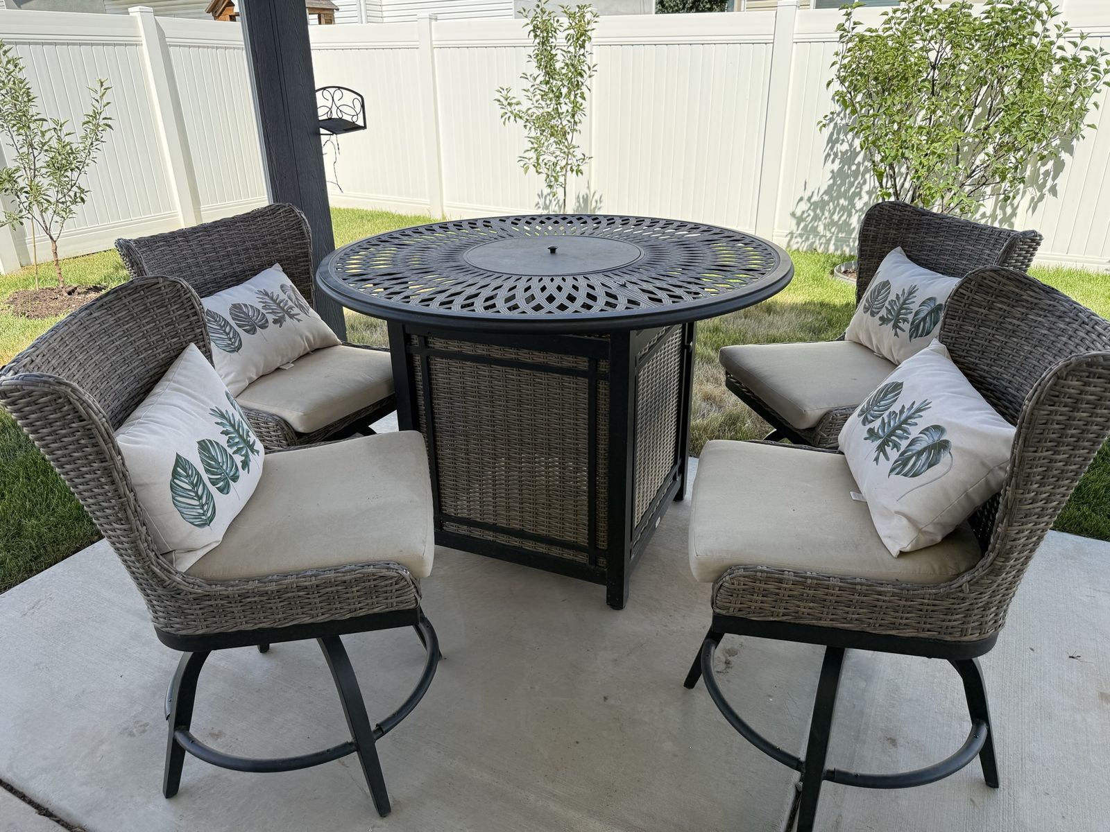 Home Decorators Collection patio bar-height dining set. Fire pit table.